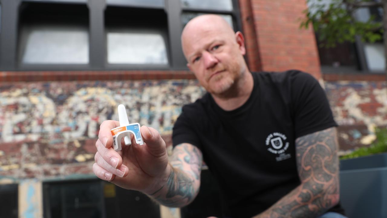 Barwon Health harm reduction co-ordinator Craig Harvey with naloxone, a heroin overdose reversal agent. Picture: Alan Barber.