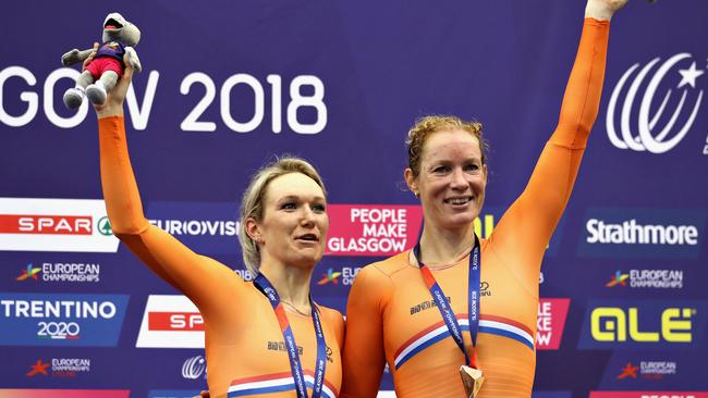 GLASGOW, SCOTLAND - AUGUST 07: Kirsten Wild and Amy Pieters of Netherlands celebrate winning bronze in the Women's Keirin during the track cycling on Day Six of the European Championships Glasgow 2018 at Sir Chris Hoy Velodrome on August 7, 2018 in Glasgow, Scotland. (Photo by Bryn Lennon/Getty Images)