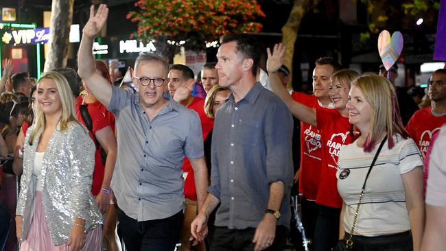 Anthony Albanese (second from left) makes history, walking in the parade with his partner Jodie Haydon, NSW Labor leader Chris Minns and Anna Minns. Picture: NCA NewsWire / Jeremy Piper