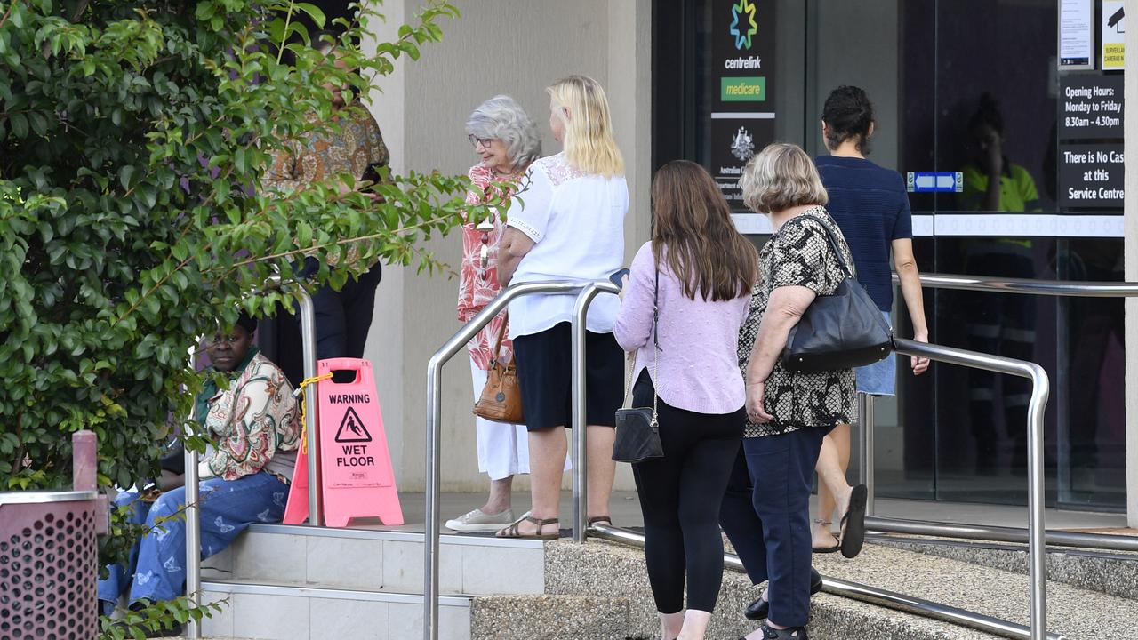 People queue outside the Centrelink customer service centre in Bell St after it closed following an incident, Thursday, January 9, 2025. Picture: Kevin Farmer