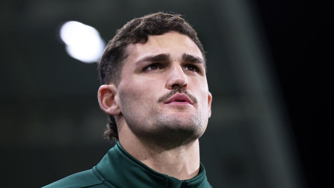 HUDDERSFIELD, ENGLAND - NOVEMBER 04: Nathan Cleary of Australia looks on ahead of the Rugby League World Cup Quarter Final match between Australia and Lebanon at John Smith's Stadium on November 04, 2022 in Huddersfield, England. (Photo by Alex Livesey/Getty Images for RLWC)