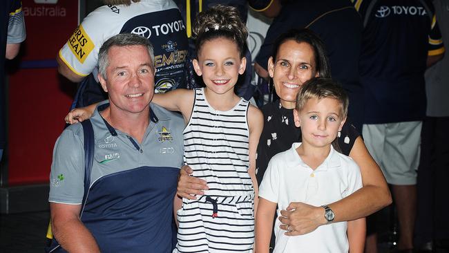 Paul and Amanda Green with their children Emerson and Jed before the 2017 preliminary final. Picture: Shae Beplate.