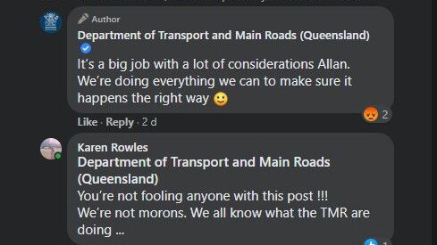 Screenshots of anti-light rail campaigner Karen Rowles leaving more than three dozen comments on a single Department of Transport and Main Roads (TMR) Facebook post about letters sent to residents on the light rail route.