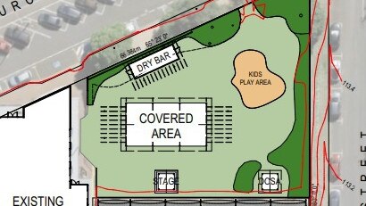 The proposal includes a covered stage area, outdoor bar and kitchen area, covered seating area and children’s playground.