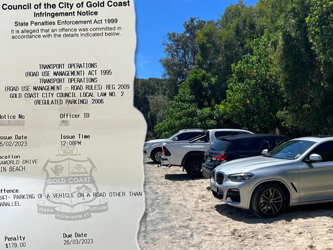 Linda Smith's car and others parked on Seaworld Drive on The Spit on February 26. Ms Smith was fined $179 for not parking parallel to the road.