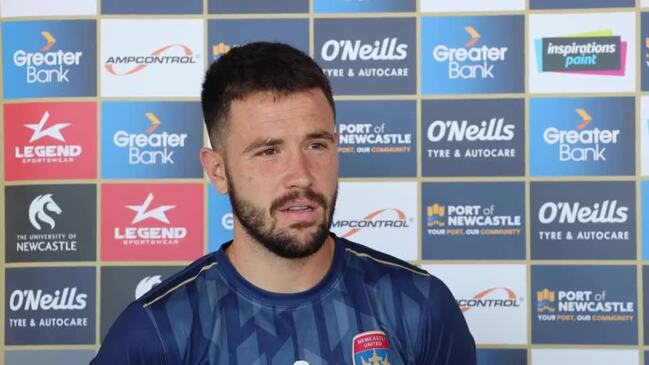 Newcastle Jets striker Apostolos Stamatelopoulos talking to the media at Maitland Sportsground on Nov 8, 2023 following his two goals against Western Sydney Wanderers in round three of the 2023-24 A-League Men's competition.