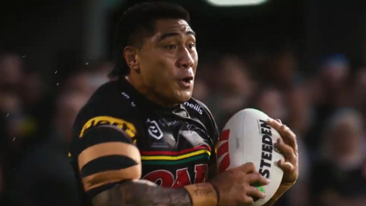 Moses Leota runs the ball up to kick off the Vegas ad. Pic: NRL