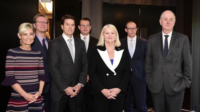 State and federal building and planning ministers (L-R) Elise Archer, Gorden Ramsay, Kevin Anderson, Stephen Knoll, Karen Andrews, Mick de Brenni and Richard Wynne. (AAP Image/Bianca De Marchi)