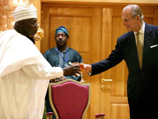 Nigerian President Olusegun Obasanjo (L) meeting with Prince Philip in. Picture: AFP