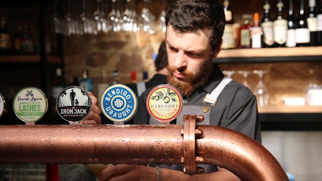 Behind the bar at the Gold Mines Hotel, Bendigo.