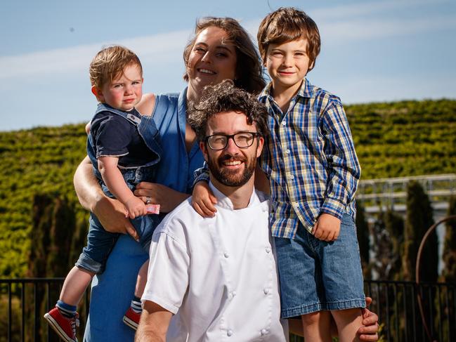 Chef Tom Tilbury from Coriole with wife Sarah, Archer, 2, and Oliver, 5. Photo: Matt Turner