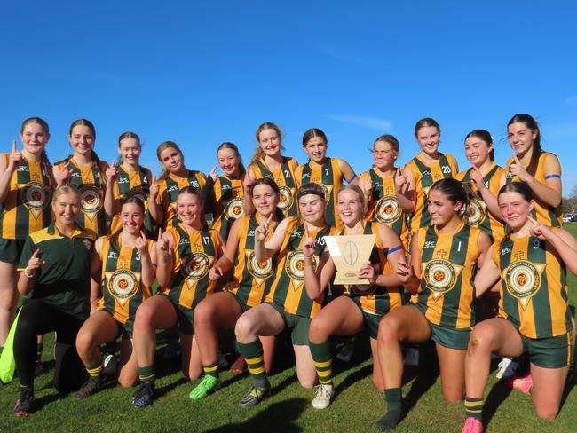 St Pats' girls celebrate their grand final win. Picture: Jon Tuxworth