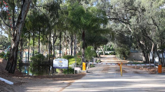 The entry to the Riverbend Caravan Park, which was evacuated earlier this week. Picture Dean Martin