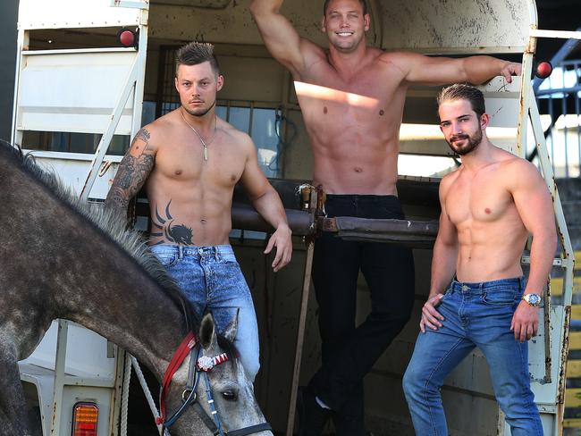 Ace Deacon, Michael Clegg and Dylan Cross with horse "George" Male performers Wild Boys will be the star attraction at the Girls Day Out raceday at Doomben. Pic Annette Dew