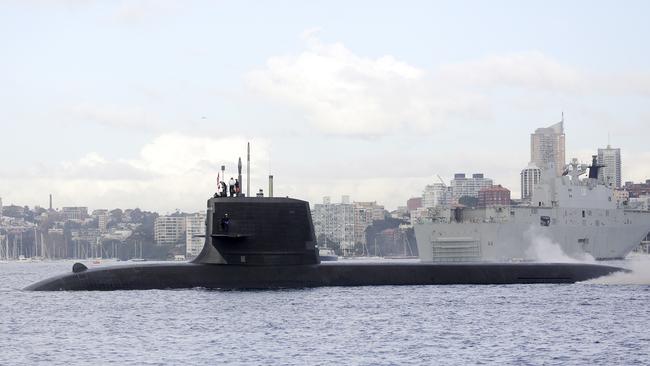 A Japanese submarine in Sydney Harbour on a training exercise with the Australian Navy in 2016. Picture: Brad Hunter