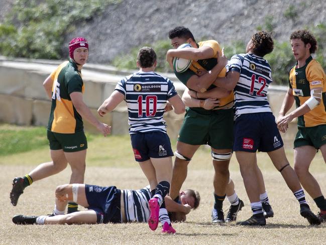 Wests no.5 Sau Vaihu with the ball as Wests vs Brothers at the Colts Rugby Union Match, Toowong, Saturday August 29, 2020. (Image Sarah Marshall)