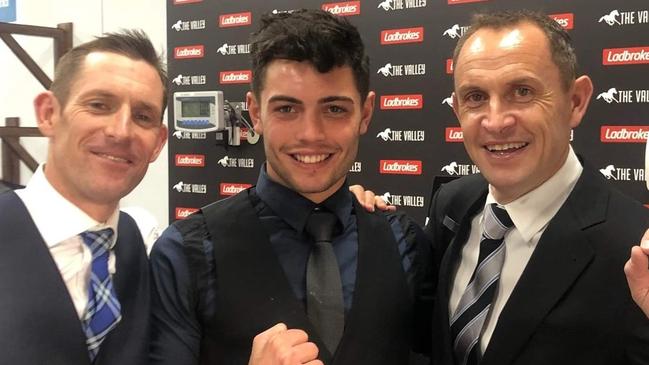 Sunshine Coast trainer Jack Laing (middle) with champion jockey Hugh Bowman (left) and star trainer Chris Waller (right). Picture: Facebook