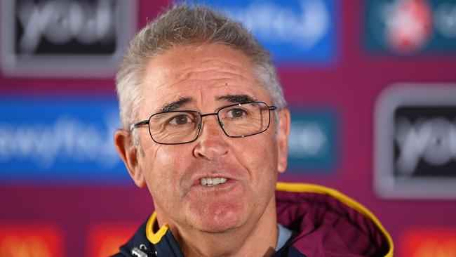 BRISBANE, AUSTRALIA - JUNE 08: Brisbane Lions head coach Chris Fagan speaks to the media before a Brisbane Lions AFL training session at Brighton Homes Arena on June 08, 2023 in Brisbane, Australia. (Photo by Albert Perez/Getty Images)