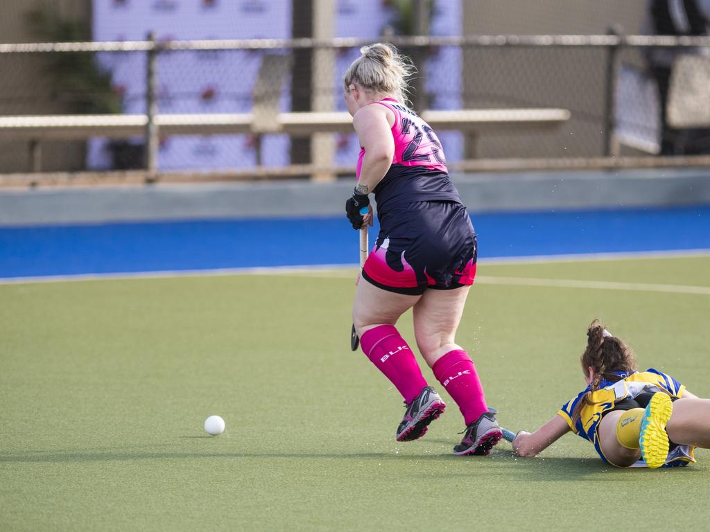 Emily Manhire scores for Toowoomba 2 against Townsville in Hockey Queensland Championships at Clyde Park, Saturday, May 1, 2021. Picture: Kevin Farmer