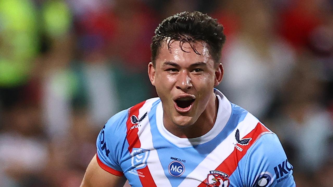 SYDNEY, AUSTRALIA - APRIL 25: Joseph Manu of the Roosters scores a try during the round seven NRL match between the Sydney Roosters and the St George Illawarra Dragons at the Sydney Cricket Ground, on April 25, 2021, in Sydney, Australia. (Photo by Cameron Spencer/Getty Images)
