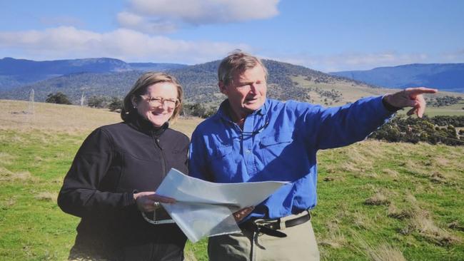 TasRex CEO Bess Clark with grazier Roderic O'Connor at has 17400ha Cressy property, Connorville, the proposed site of a new $500m, 288MW solar farm. Picture: Supplied