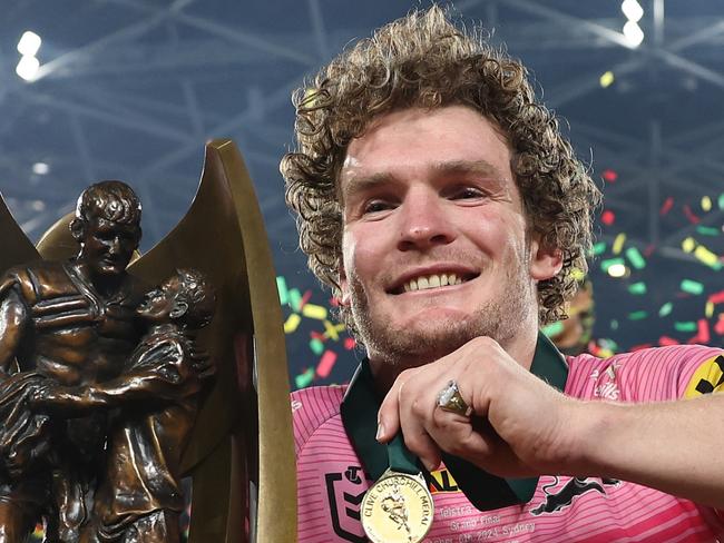 SYDNEY, AUSTRALIA - OCTOBER 06:  Liam Martin of the Panthers poses with the Provan-Summons Trophy after winning the 2024 NRL Grand Final match between the Melbourne Storm and the Penrith Panthers at Accor Stadium on October 06, 2024, in Sydney, Australia. (Photo by Cameron Spencer/Getty Images)