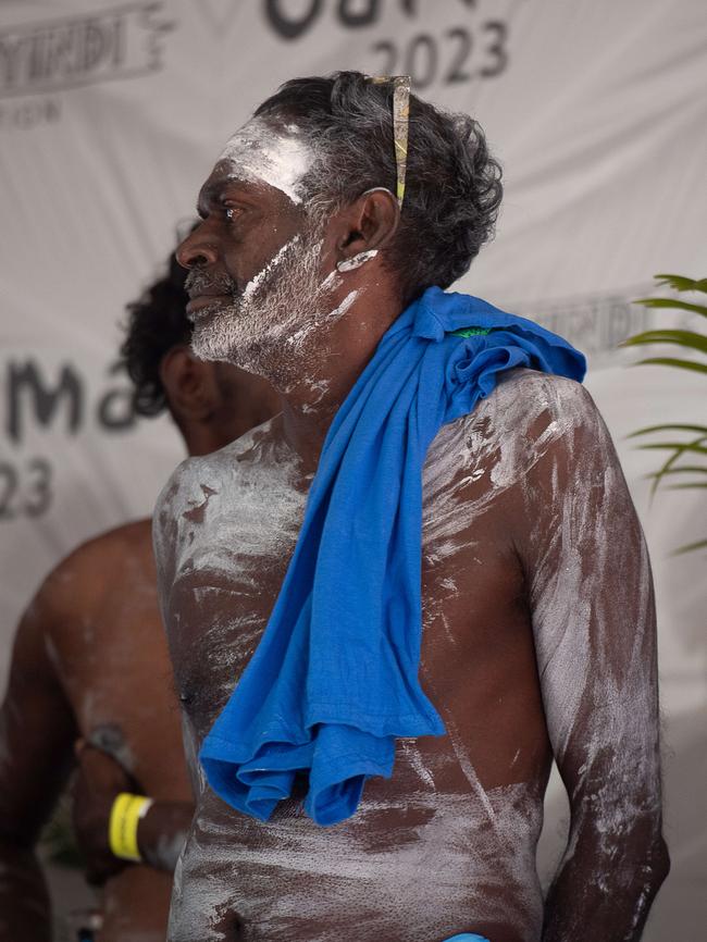 Jamie Wanambi at the ceremonial opening of Garrtjambal Auditorium bringing in Guwak, the Ancestral Nightbird dance at the Garma Festival 2023. Picture: Pema Tamang Pakhrin