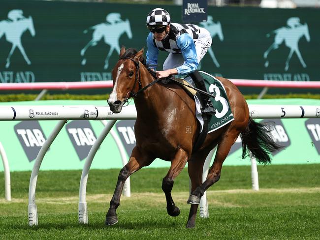 SYDNEY, AUSTRALIA - OCTOBER 05: Chad Schofield riding Bel Merci wins Race 3 Keeneland Gimcrack Stakes during Sydney Racing at Royal Randwick Racecourse on October 05, 2024 in Sydney, Australia. (Photo by Jeremy Ng/Getty Images)