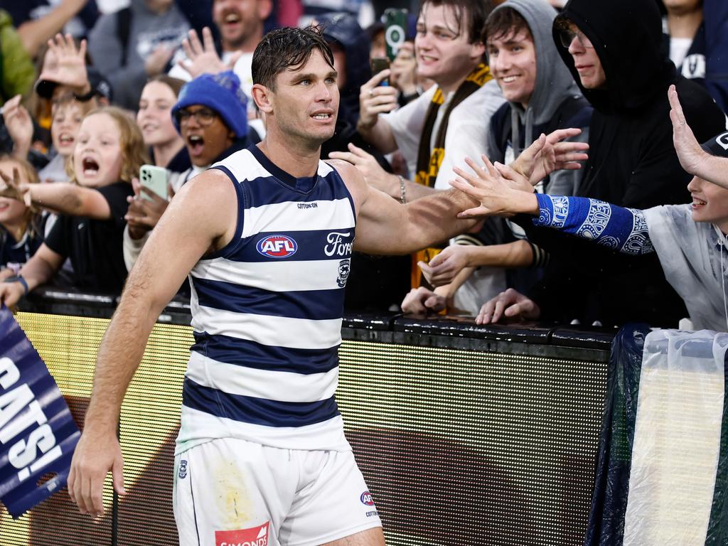 The AFL has cleared Tom Hawkins after his 350th game was marred by controversy around his phone use during a lightning delay. Picture: Michael Willson/AFL Photos via Getty Images.