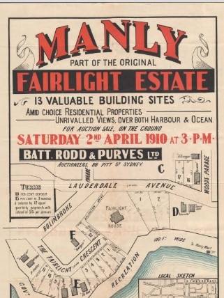 A poster advertising the sales of residential building blocks in the Fairlight Estate at Manly in 1910, showing the "Bonnie Doon" property, near the “D” on the right side of the poster. Picture: State Library of NSW