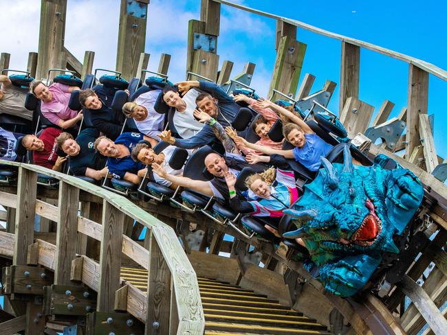 Sea World.Sea World At the centrepiece of The New Atlantis Precinct is the Leviathan wooden coaster, an impressive tower of timber taking guests on a thundering quest where they reach speeds of up to 80km/h and experience exhilarating turns, crossovers, drops and dips and features two rear-facing seats.Front row: Carrie Middleton, 10 from England and Hannah Franklin, 11 from Sydney and 2nd row: Scarlett Franklin, 10 Max Franklin (dad).Picture: NIGEL HALLETT**** Max (dad ) 0418315147 ****