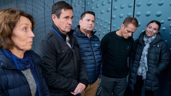 Relatives of Australian MH17 victims (from L to R) Meryn O'Brien and Jon O'Brien who lost their son Jack, Matthew Horder who lost his parents Susan and Howard, Paul Guard and his sister Amanda Koopman who lost their parents Jill and Roger speak to the media outside the Schiphol Judicial Complex. Picture: Getty Images.