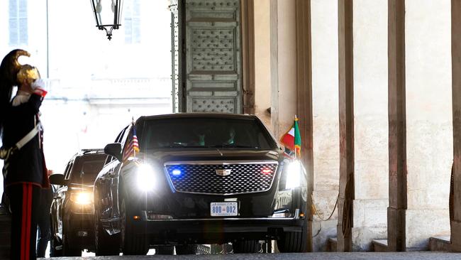 The motorcade of US President Joe Biden upon his arrival for a meeting with the Italian President at the Quirinale presidential palace in Rome, ahead of the G20 summit.