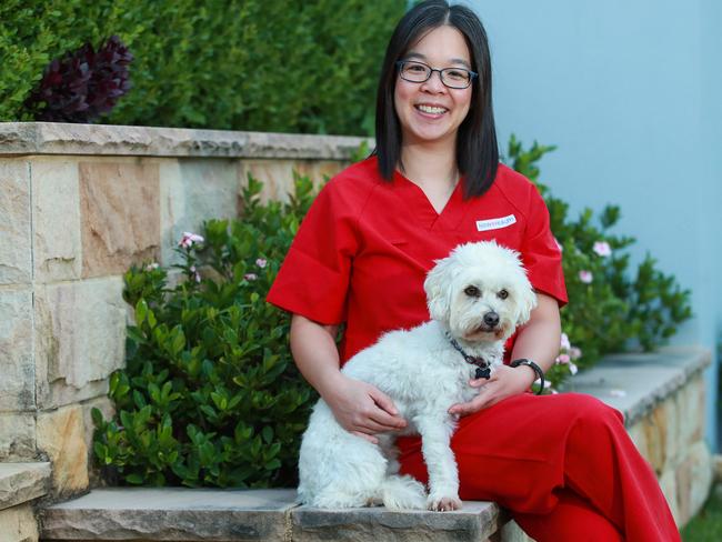 Royal North Shore Hospital registrar Dr Sandy Jusuf with her dog Pika at home in Killara. Picture: Justin Lloyd