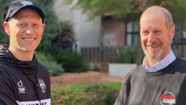 New Magpies coach Ian Stanger with club stalwart Barry Russ.