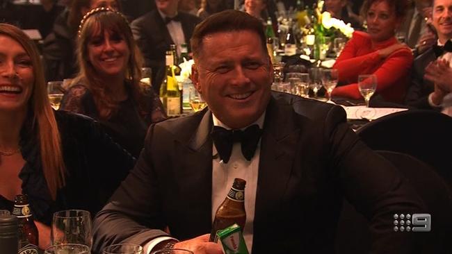 Karl Stefanovic came armed with Panadol at the Logies this year. Picture: Channel 9