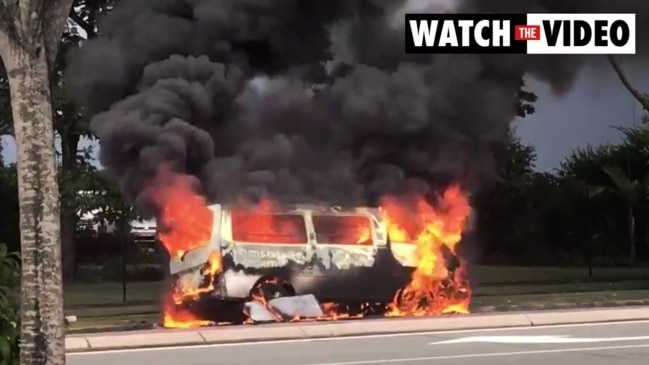 Tradies' van explodes into flames