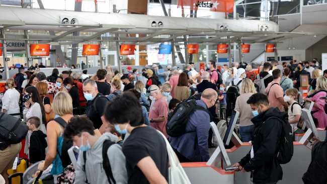A very busy T2 departures at Sydney Airport is seen on Friday. Picture: NCA NewsWire / Damian Shaw