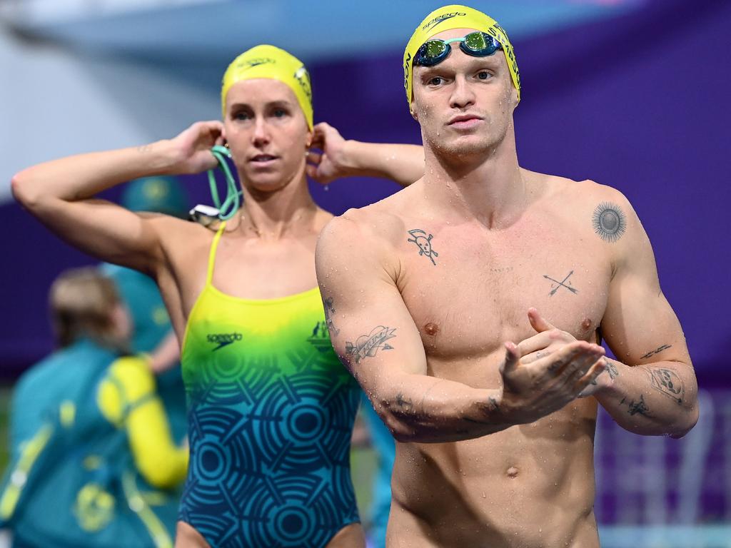 Emma McKeon and Cody Simpson’s relationship has been under enormous scrutiny at the Commonwealth Games, fuelled by alleged awkwardness with McKeon’s ex-partner Kyle Chalmers. Picture: Quinn Rooney/Getty Images