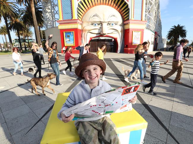 Caspian, 4, is ready to lead the crew on an Art Crawl throughout St Kilda. Picture: Alex Coppel