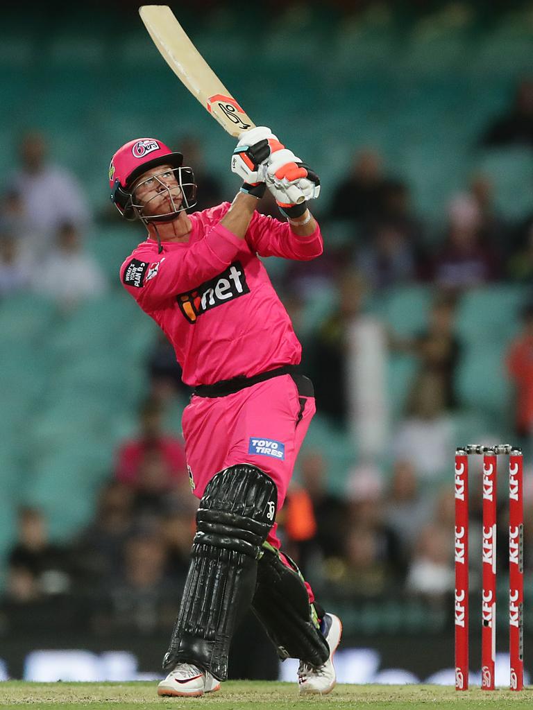 Josh Philippe of the Sixers hits a six to win the Big Bash League match between the Sydney Sixers and the Perth Scorchers at the Sydney Cricket Ground on December 18, 2019 in Sydney, Australia. Photo by Mark Metcalfe/Getty Images