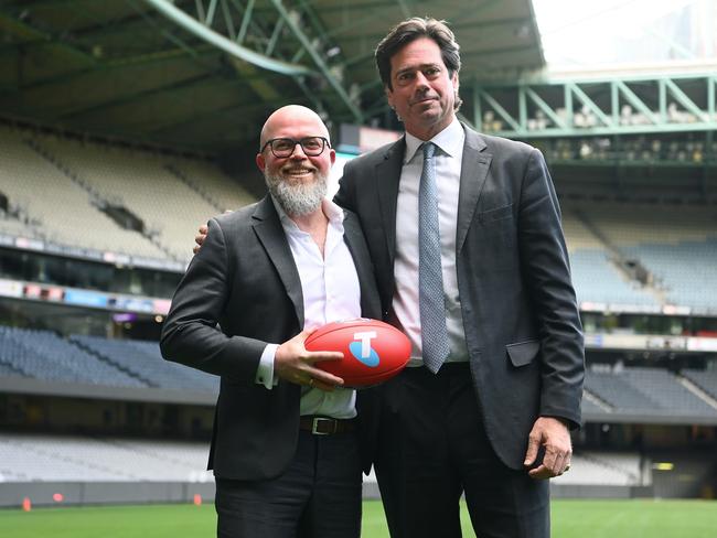 Group Executive of Telstra Enterprise Kim Krogh Andersen and AFL CEO Gillon McLachlan pose for a photo during an AFL media opportunity at Marvel Stadium on September 06, 2022 in Melbourne, Australia. (Photo by Quinn Rooney/Getty Images)