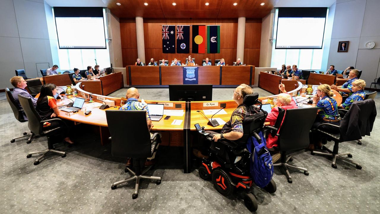 Councillors and executives in the Cairns Regional Council sit for an ordinary meeting in the council chambers on Spence Street, Portsmith.