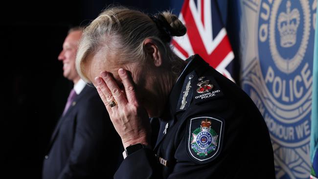 An emotional Katarina Carroll announces she is standing down as Commissioner, Police Headquarters, Brisbane. Picture: Liam Kidston