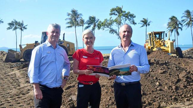 PARADISE: Sales consultant Darryl Brewer and Michelle Levett with project manager Christie Leet at Funnel Bay. Picture: Jacob Wilson