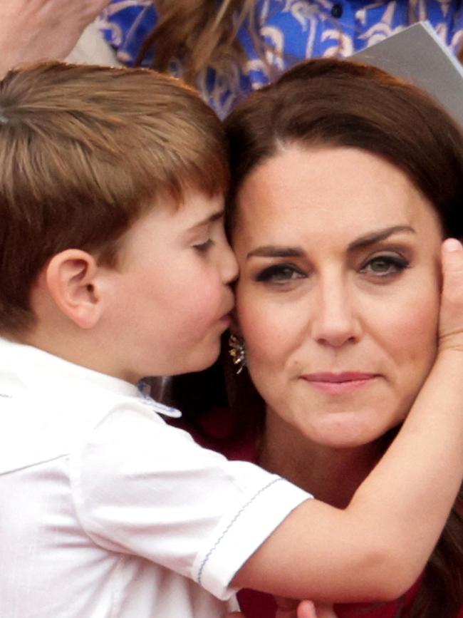 Kate is hugged by Prince Louis of Cambridge during the Platinum Pageant. Picture: Chris Jackson/AFP