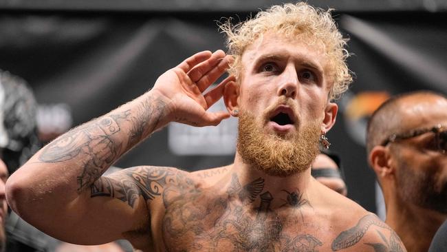 Jake Paul gestures to the audience during weigh-ins before his fight against Nate Diaz at American Airlines Center on August 04, 2023 in Dallas, Texas. Sam Hodde/Getty Images/AFP (Photo by Sam Hodde / GETTY IMAGES NORTH AMERICA / Getty Images via AFP)