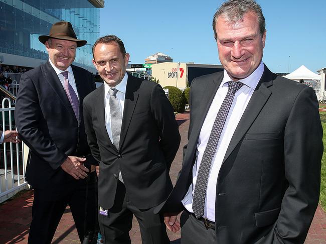 Usual suspects gather to watch Winx: Trainers (left to right): David Hayes, Chris Waller and Darren Weir before the great mare’s race. Picture: Ian Currie