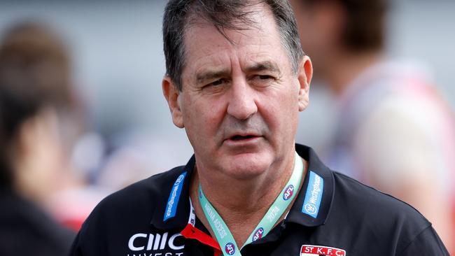 MELBOURNE, AUSTRALIA - MARCH 03: Ross Lyon, Senior Coach of the Saints is seen during the 2024 AFL AAMI Community Series match between the St Kilda Saints and North Melbourne Kangaroos at RSEA Park on March 03, 2024 in Melbourne, Australia. (Photo by Dylan Burns/AFL Photos via Getty Images)