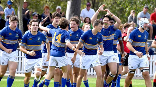 Churchie players celebrate a try. St Joseph's Gregory Terrace vs Anglican Church Grammar School Saturday September 4, 2021. Picture, John Gass